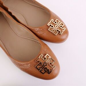 Tory Burch MELINDA Ballet Flats Tumbled Leather in Royal Tan/ Gold in 6.5